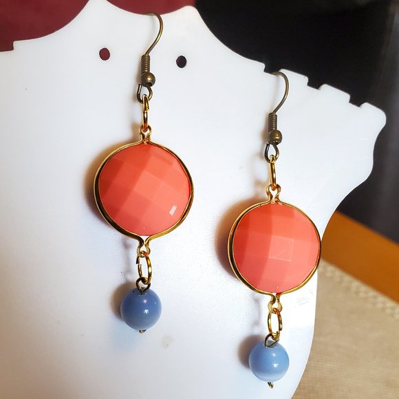Bronze Hook Pink Disc Blue Cat's Eye Bead Earrings - Picture 1 of 4